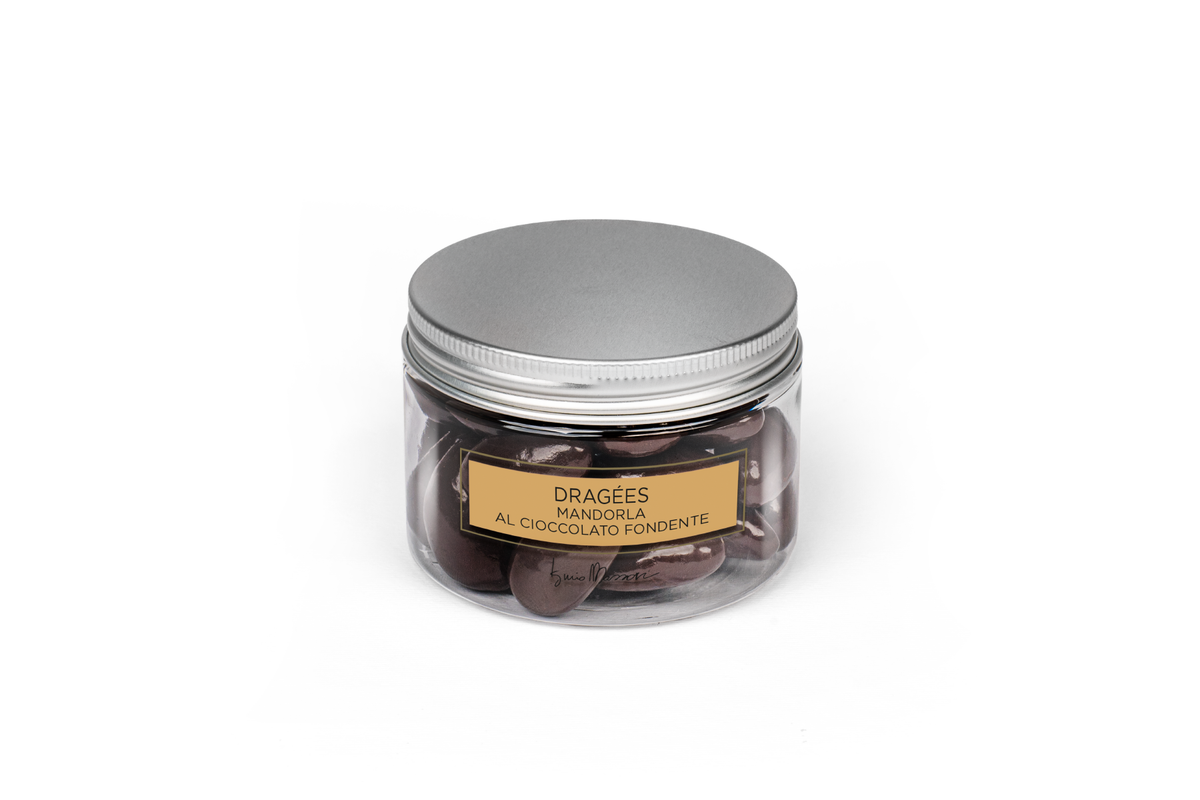 Dragées di Iginio Massari Alta Pasticceria: mandorle croccanti avvolte in cioccolato fondente di alta qualità.